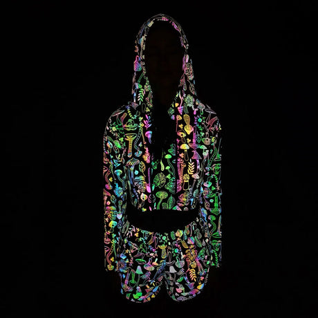 Reflective Mushroom Print Shorts Cropped Hoodie
