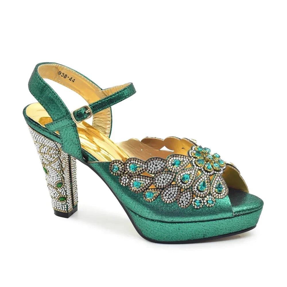 Peacock Party Shoes Wedding Peep Toe Pumps with Rhinestone