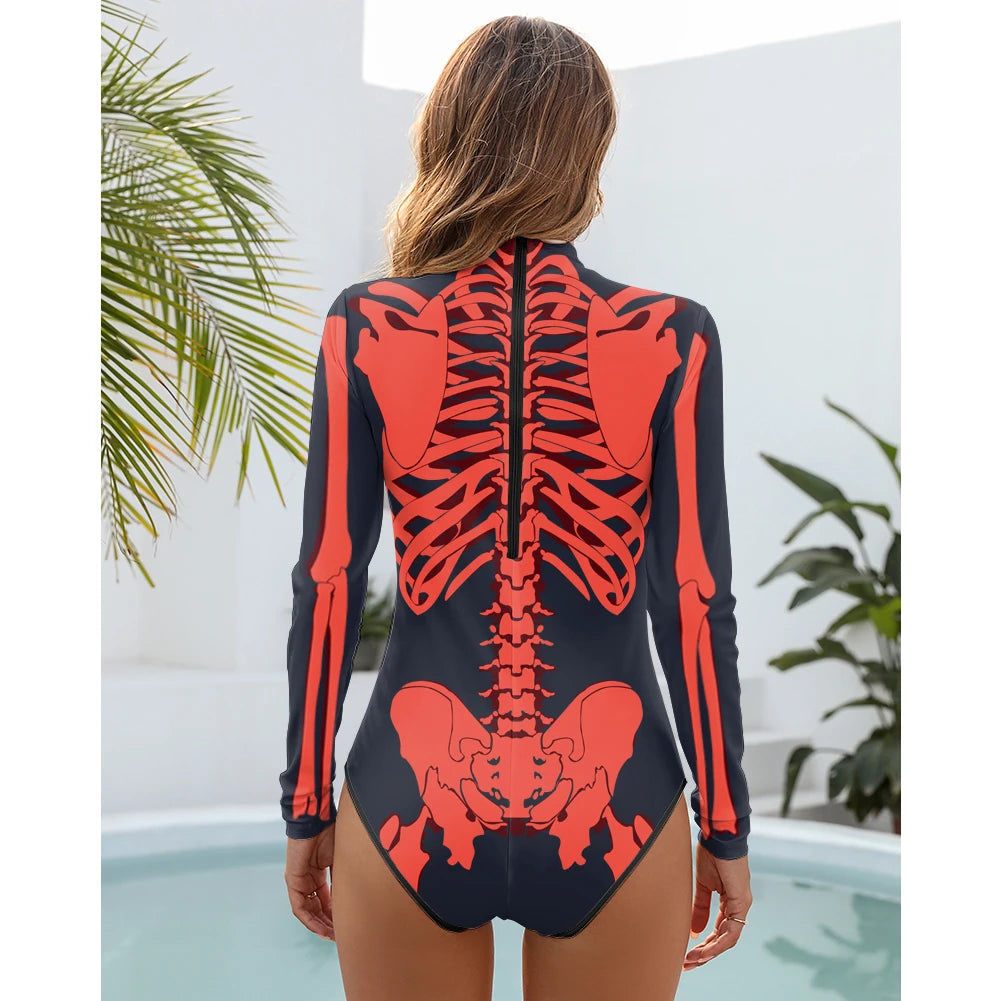 Skeleton Printed Long Sleeve Swimwear One-piece Surfing Swimsuit