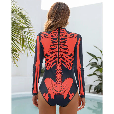Skeleton Printed Long Sleeve Swimwear One-piece Surfing Swimsuit