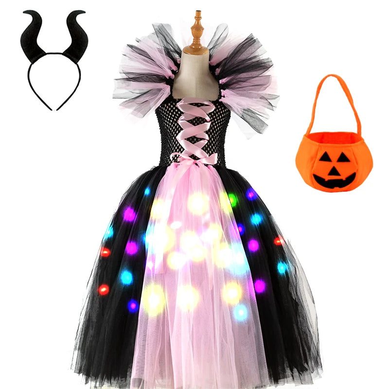 Girls Witch Ghost Vampire Halloween Costume Fluffy Tulle Dress