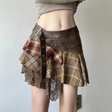 Goblincore Grunge Irregular Spliced Lace Plaid Skirt