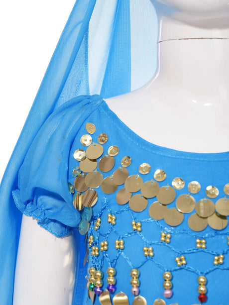 Girls Belly Dance Performance Outfit 4pcs Stage Costume Puff Sleeve Crop Top Ruffled Pants Hip Scarf Headscarf