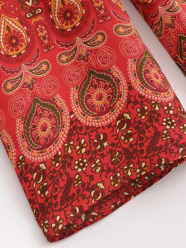 Nuri's Boho Red Floral Print Wide Leg Pants