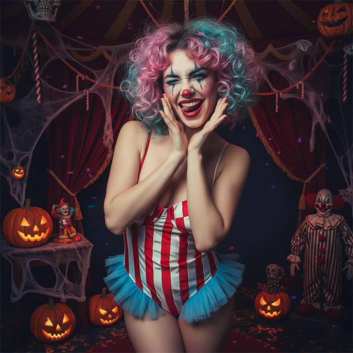 Vintage Circus Carnival Bodysuit Clown Stripes Playsuit Halloween Cosplay Costume