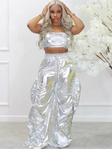 Gold Sliver Metallic Two Piece Sets Crop Top and Pants Streetwear Hip Hop Rave Festival Outfit
