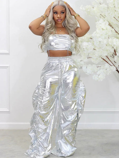 Gold Sliver Metallic Two Piece Sets Crop Top and Pants Streetwear Hip Hop Rave Festival Outfit