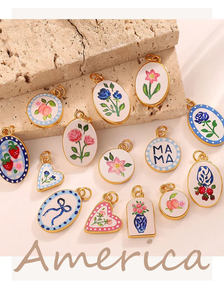 1pc Dopamine Charm Stainless Steel-plated 18K Gold Enamel Round Pendant Charms