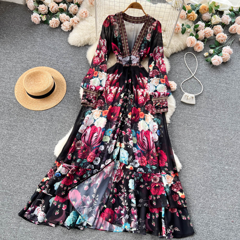 Mandy's Spring Boho Floral Chiffon Cascading Ruffles Dress