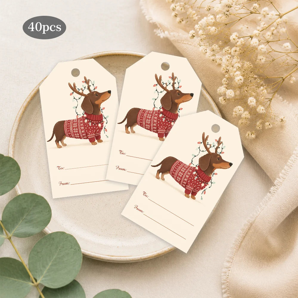 40pcs Dachshund Christmas Tags Gift Labels with Jute Rope