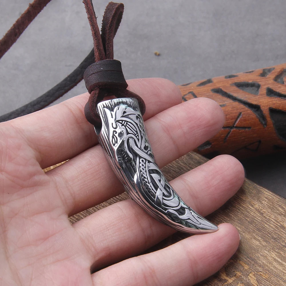 Viking Wolf Fang Stainless Steel Pendant Necklace For Men with Wooden Gift Box