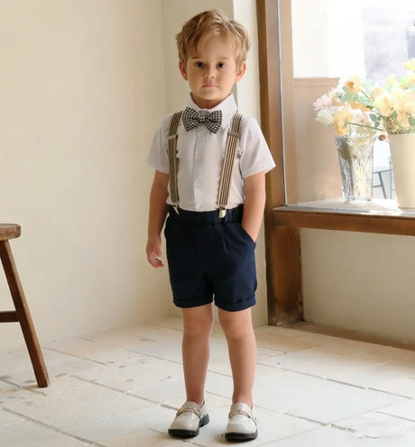 Summer Boys Shorts Suit Toddler Boys Formal Suspender Bowtie Trousers Suit 2-8 Years