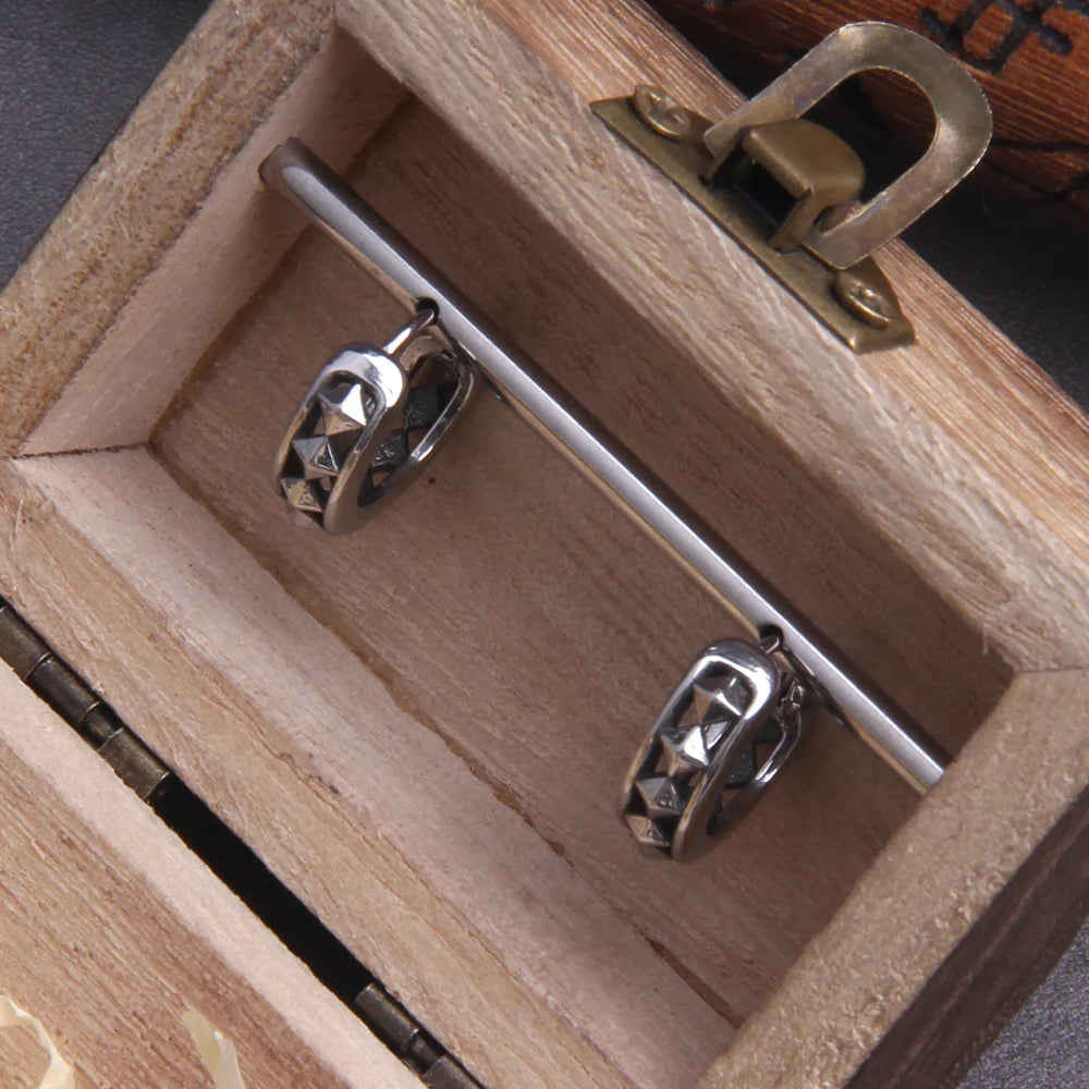 Viking Rivet Stainless Steel Huggie Hoop Earrings for Men with Wooden Box