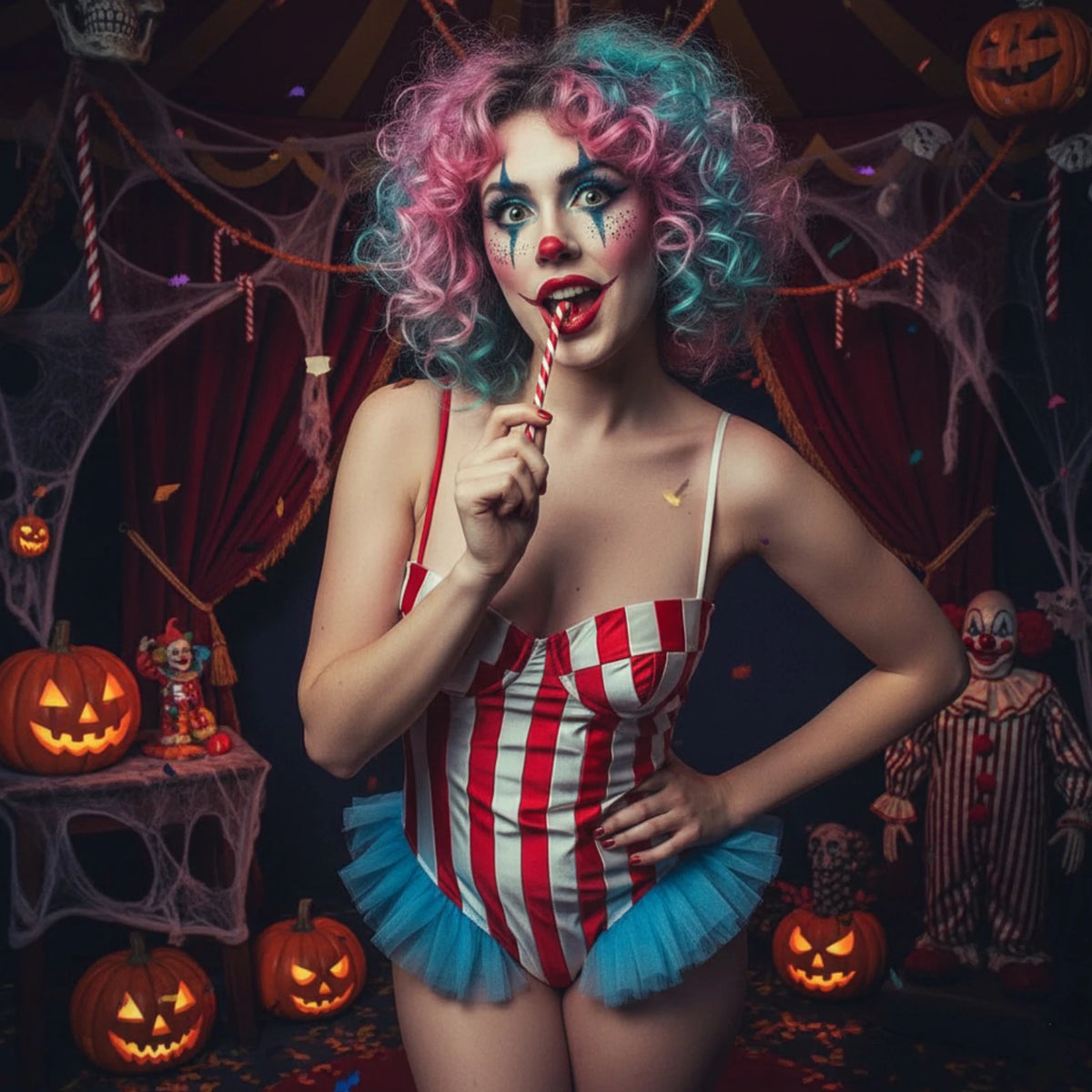 Vintage Circus Carnival Bodysuit Clown Stripes Playsuit Halloween Cosplay Costume