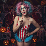 Vintage Circus Carnival Bodysuit Clown Stripes Playsuit Halloween Cosplay Costume