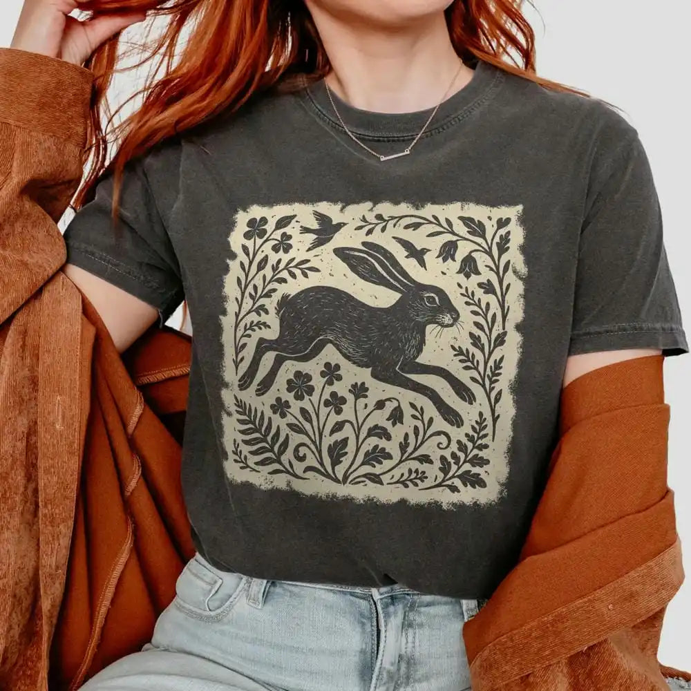 Wild Hare Linoprint T-Shirt Folk Art Forest Animal Naturecore Tee