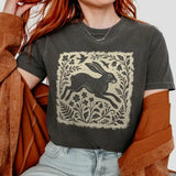 Wild Hare Linoprint T-Shirt Folk Art Forest Animal Naturecore Tee