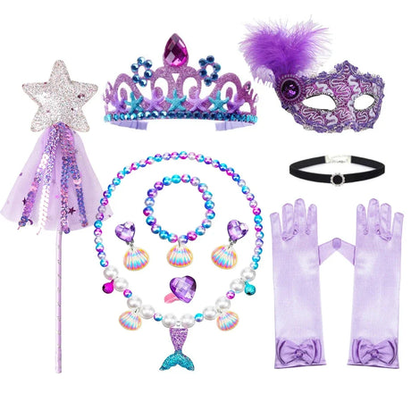 Mermaid Accessories Gloves Wand Crown Jewellery Set Wig Necklace Braid Cosplay Halloween Birthday Party