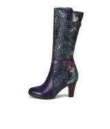 Purple Embossed Dragonfly Genuine Leather Long Boots