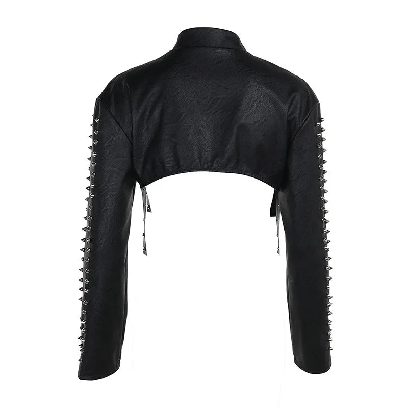 Women's Punk Crop Jacket PU Leather Cosplay Jacket Rivet Strap Gothic Streetwear Top