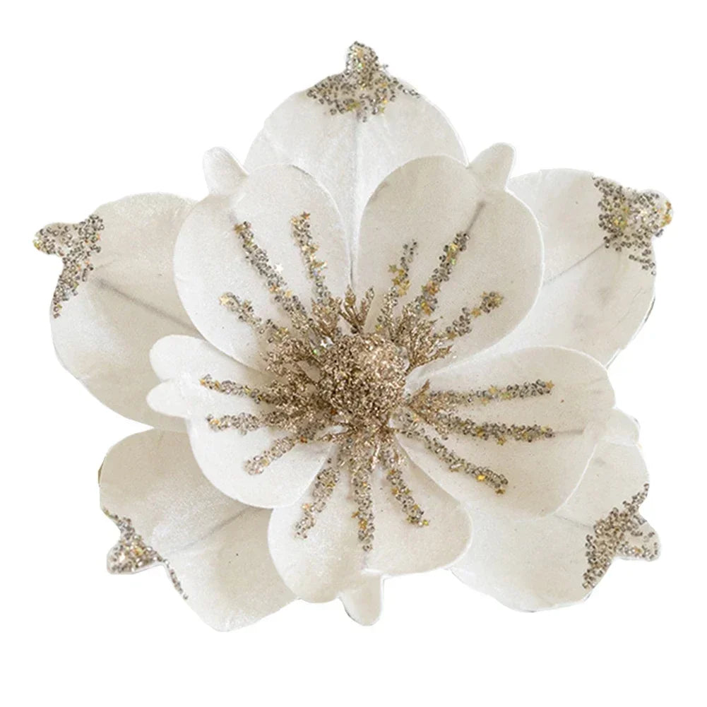 24cm Large Glitter Christmas Flowers Artificial Magnolia Flower Ornament Floral Xmas Tree Decorations