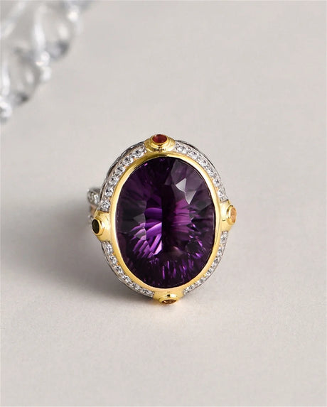 Lady of the Depths S925 Sterling Silver Ring Natural Amethyst Occidental Topaz Zircon