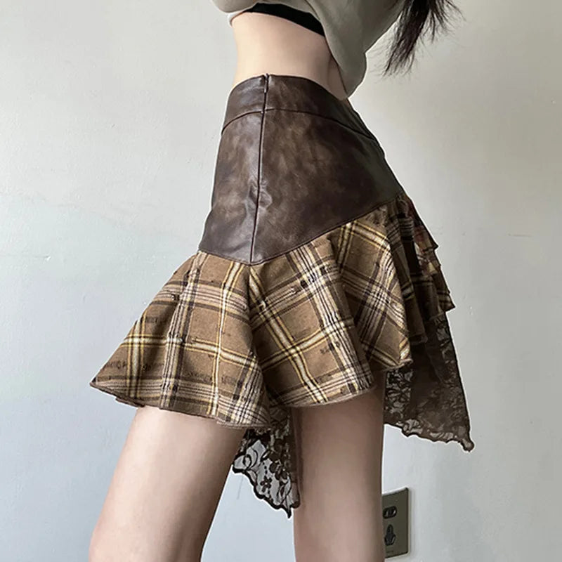Goblincore Grunge Irregular Spliced Lace Plaid Skirt