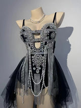 Material Girl Silver Rhinestones Tassel Bodysuit Nightclub Stage Wear Singer Stage Performance Costume