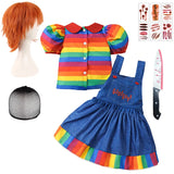Chucky Costume  Halloween Toddler Baby Girl Cosplay Kids Rainbow Striped Shirt Overalls