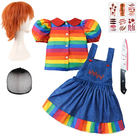 Chucky Costume  Halloween Toddler Baby Girl Cosplay Kids Rainbow Striped Shirt Overalls