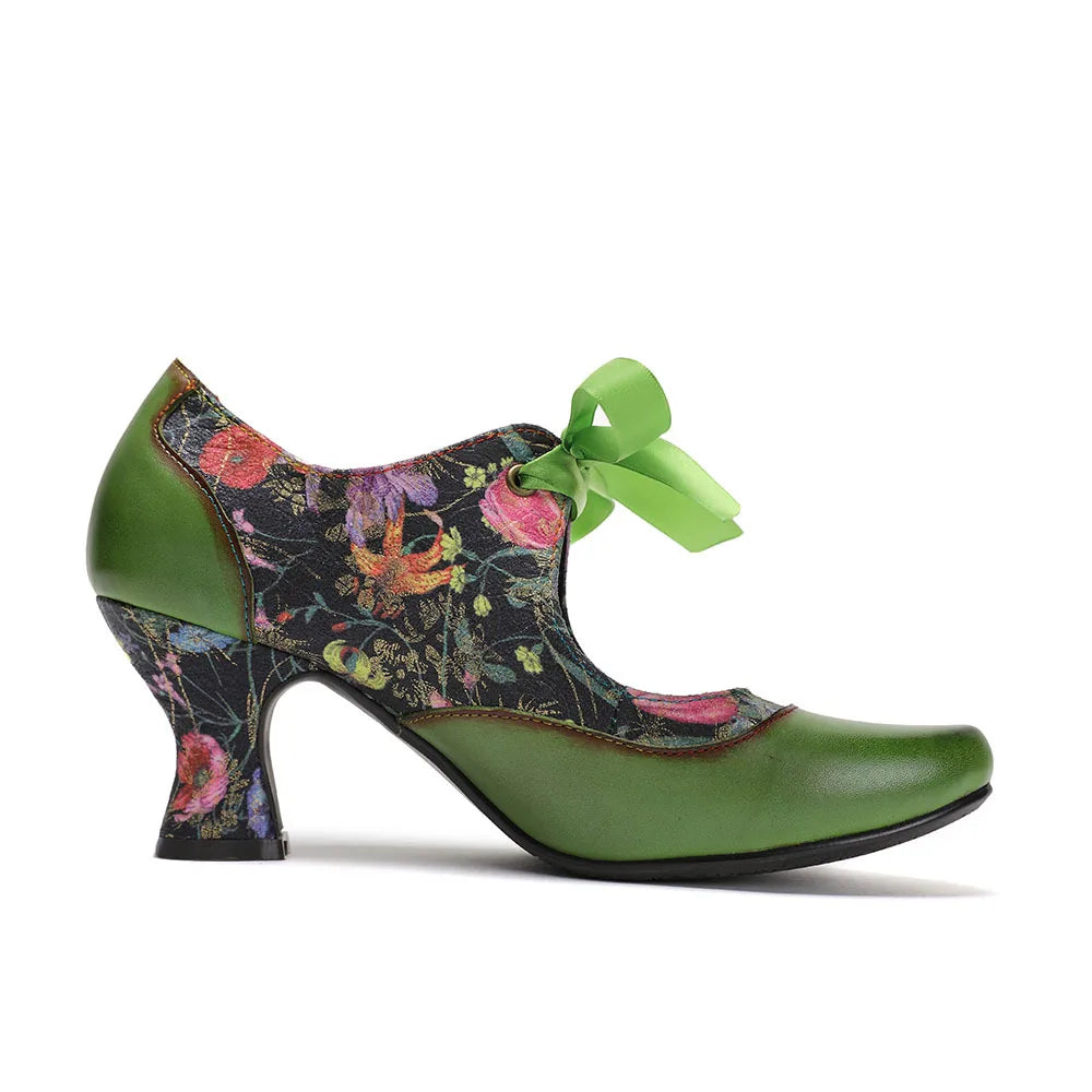 Sarah's Genuine Leather Green Pumps Heels Ribbon Lace Tie Shoes