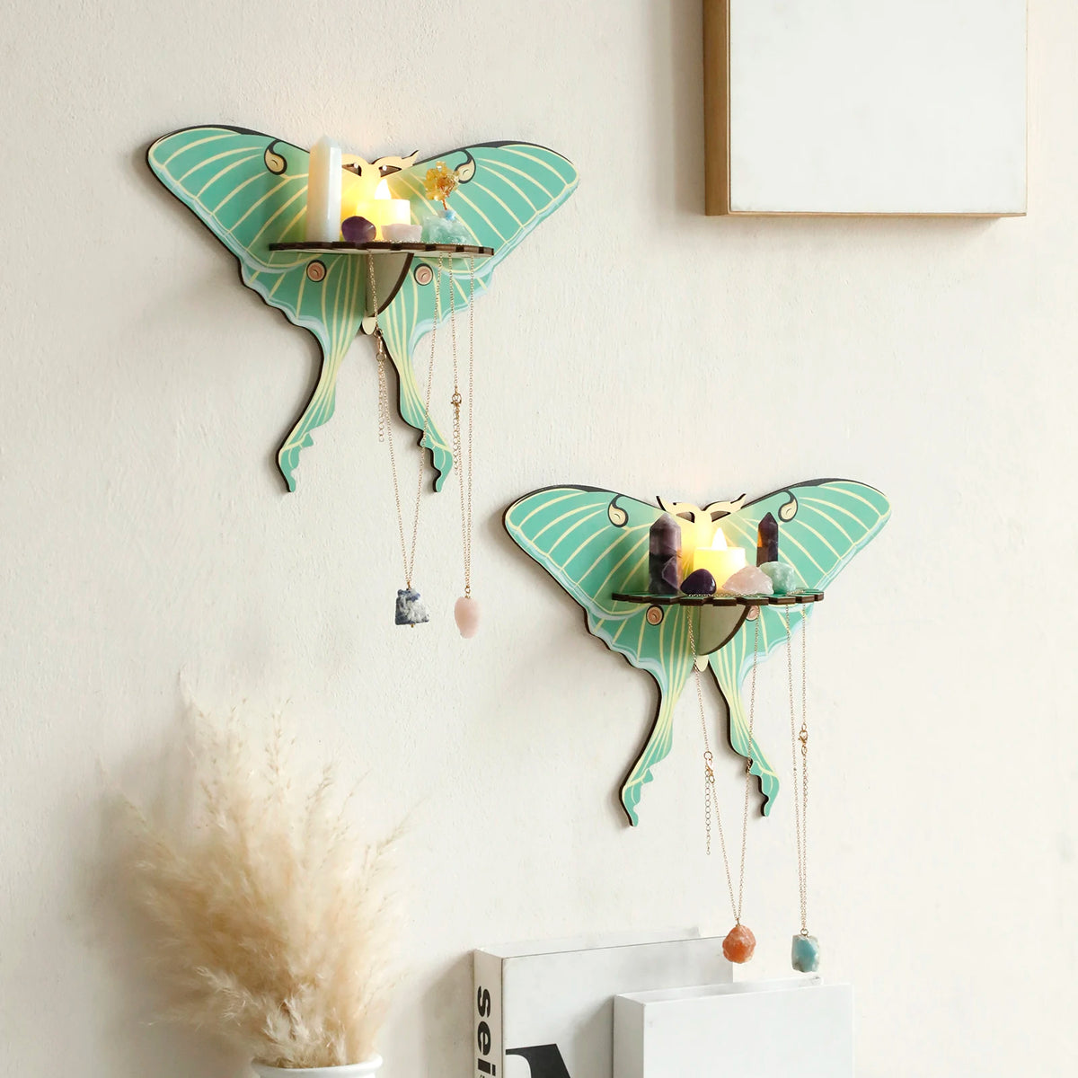 Luna Moth Necklace Display Wooden Floating Shelves Boho Home Decoration