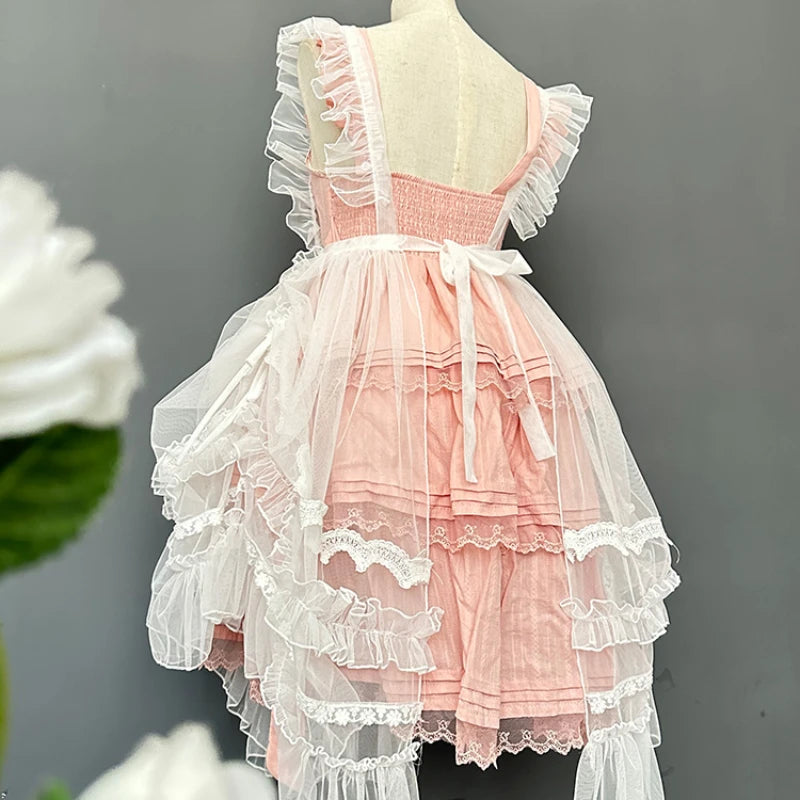 Sweet Lolita Aprons Sheer Mesh Ruffled Lace Over Layer