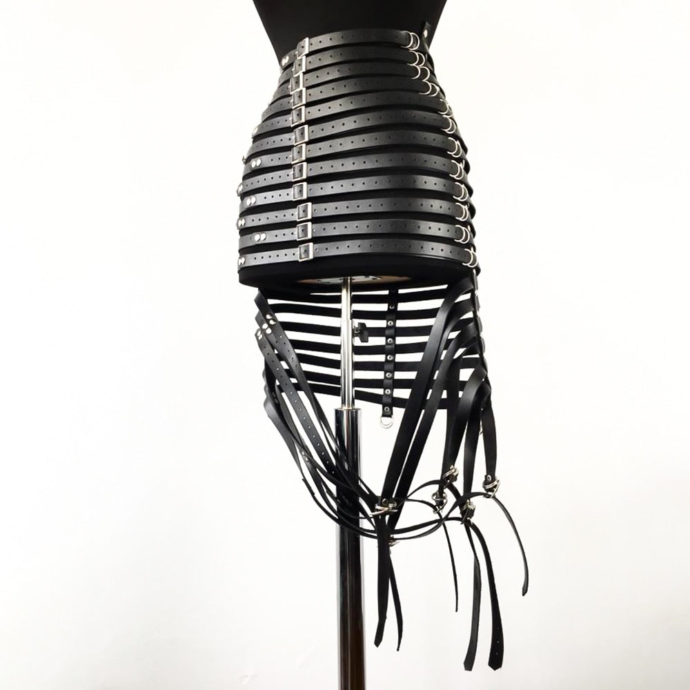 Gothic Faux Leather Long Black Strapped Corset Skirt