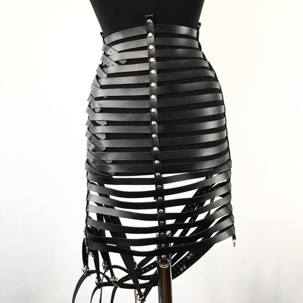 Gothic Faux Leather Long Black Strapped Corset Skirt