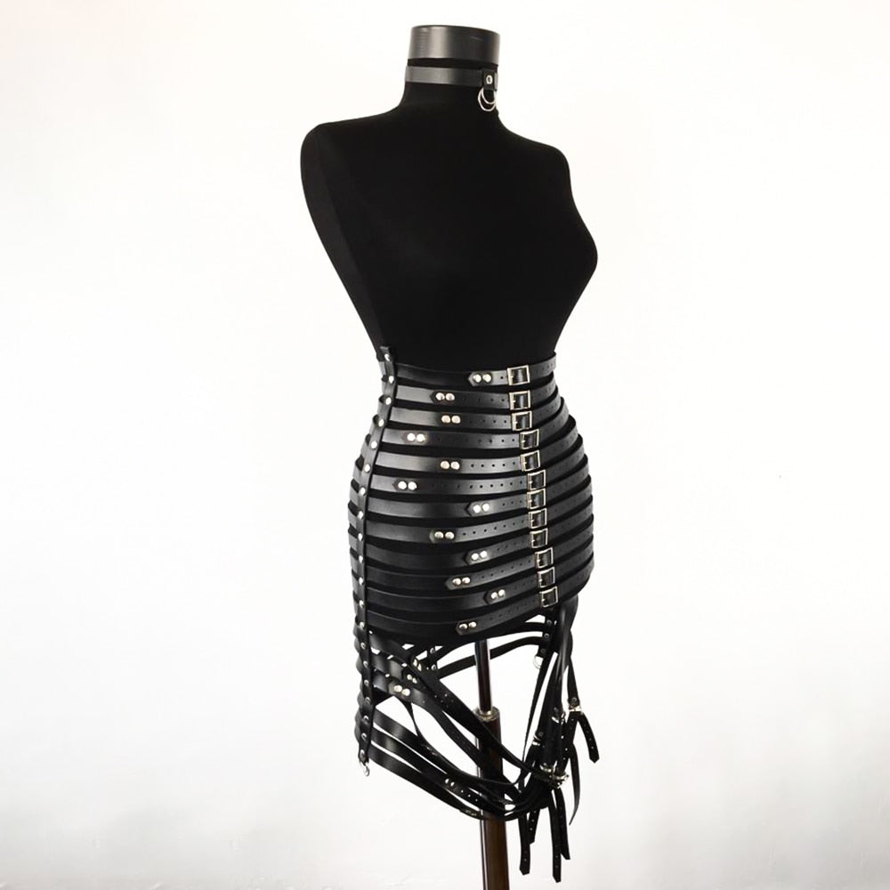 Gothic Faux Leather Long Black Strapped Corset Skirt
