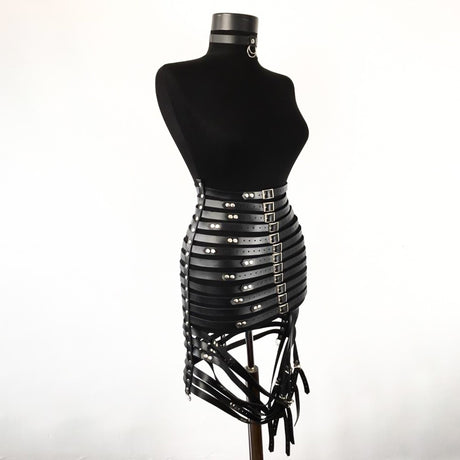 Gothic Faux Leather Long Black Strapped Corset Skirt