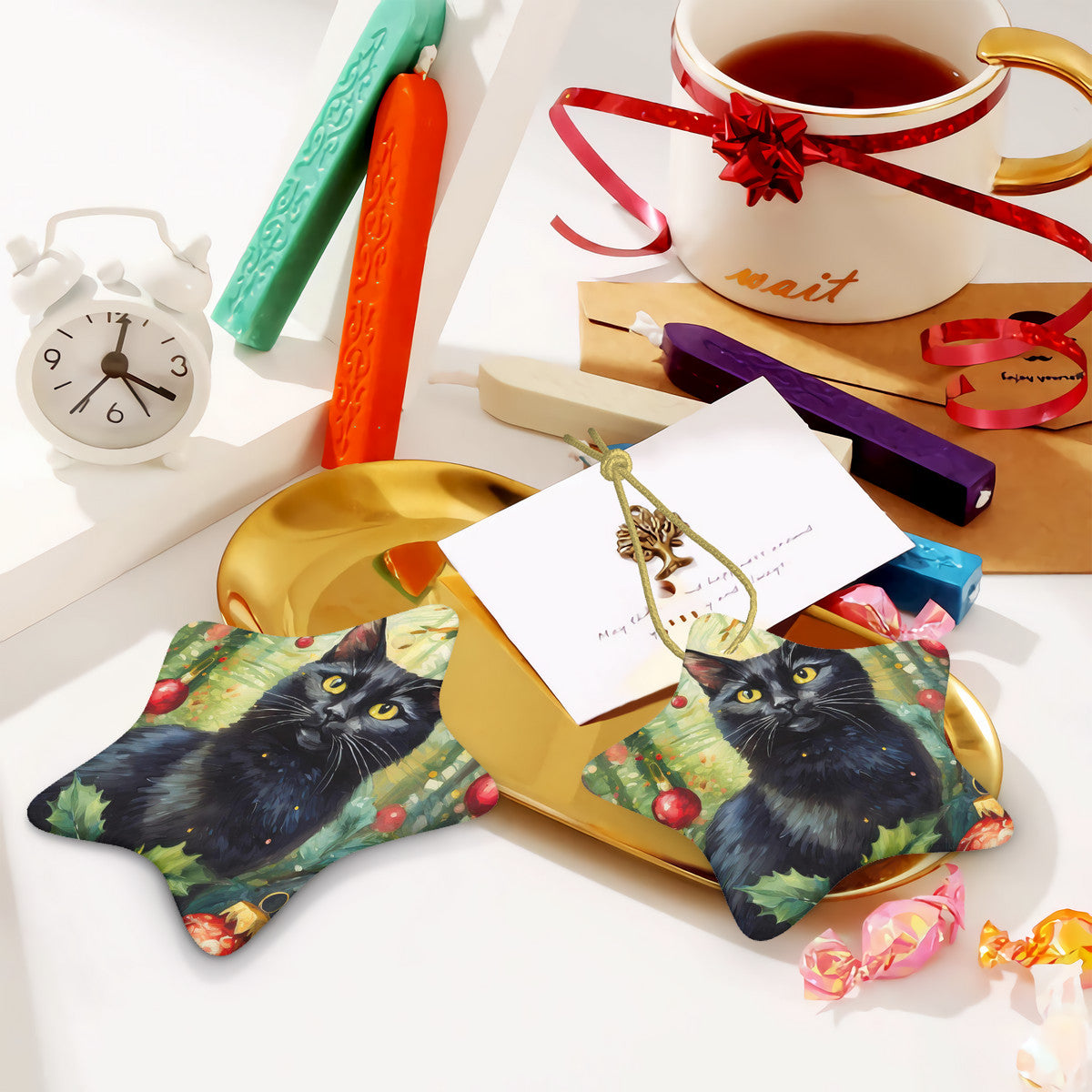 Black Cat Ceramic Star Shape Christmas Ornament