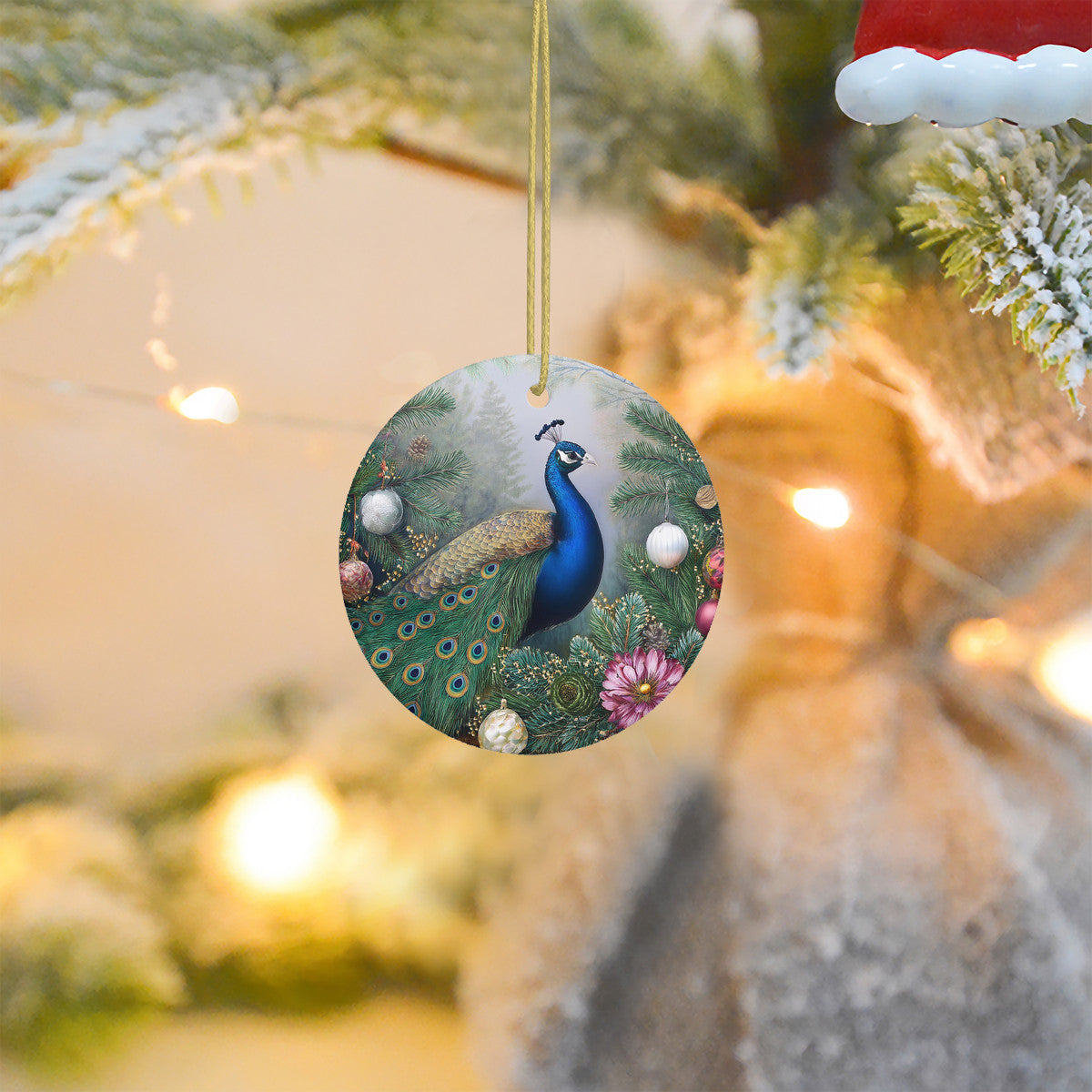 Winter Peacock 1 Ceramic Christmas Round Ornament