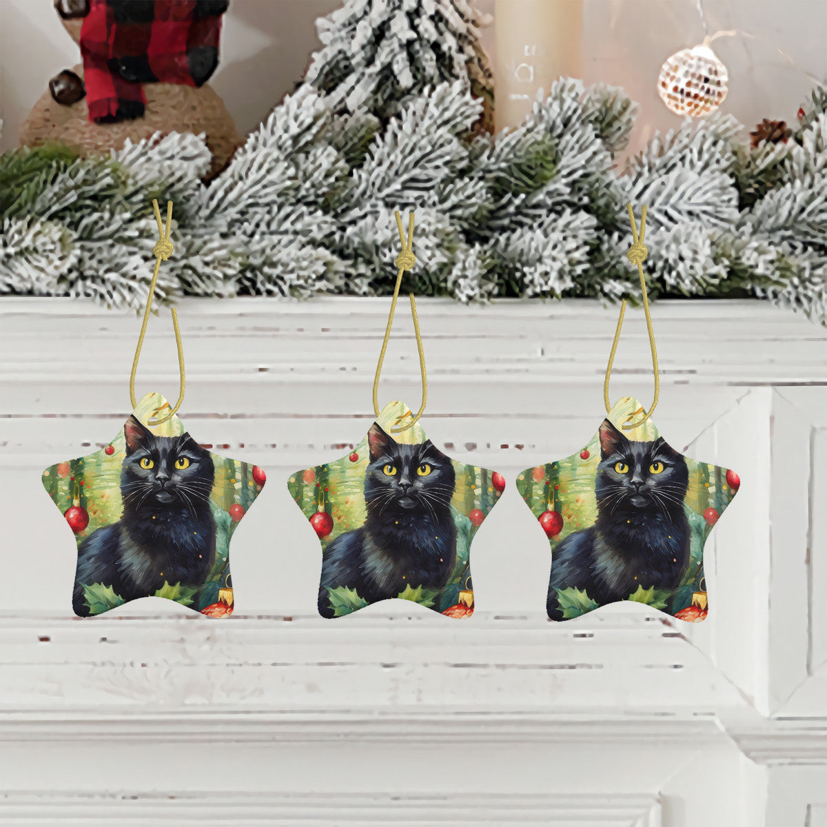 Black Cat Ceramic Star Shape Christmas Ornament