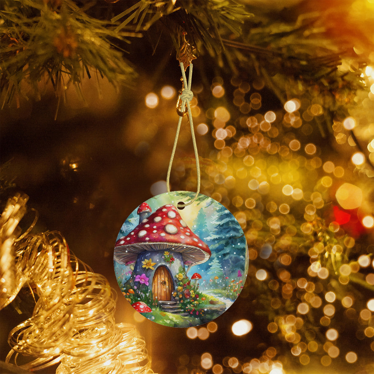 Mushroom Cottage Ceramic Christmas Round Ornament