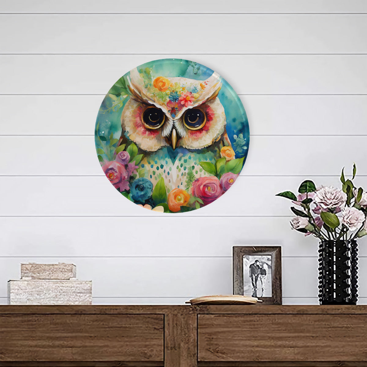 Garden Owl Round Steel Metal Wall Art Decor