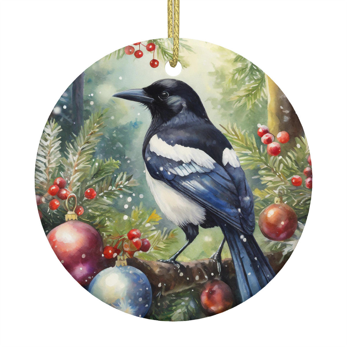 Magpie Ceramic Christmas Round Ornament