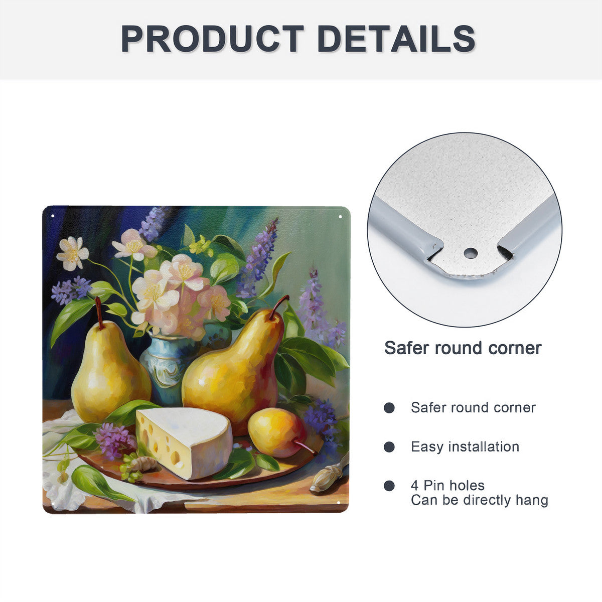 Still Life Cheese and Pears Square Steel Metal Wall Art Decor