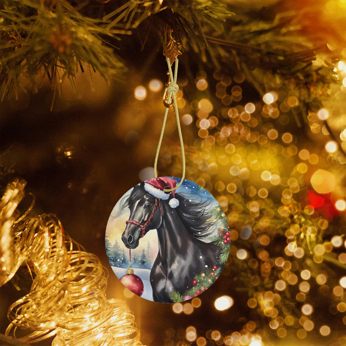 Black Horse Ceramic Christmas Round Ornament