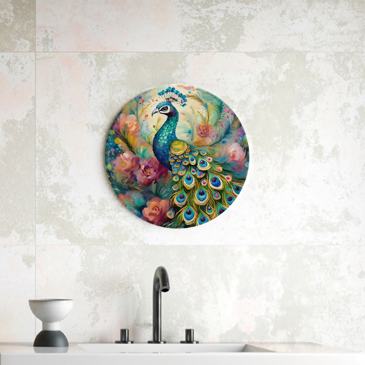 Garden Peacock Round Steel Metal Art Decor
