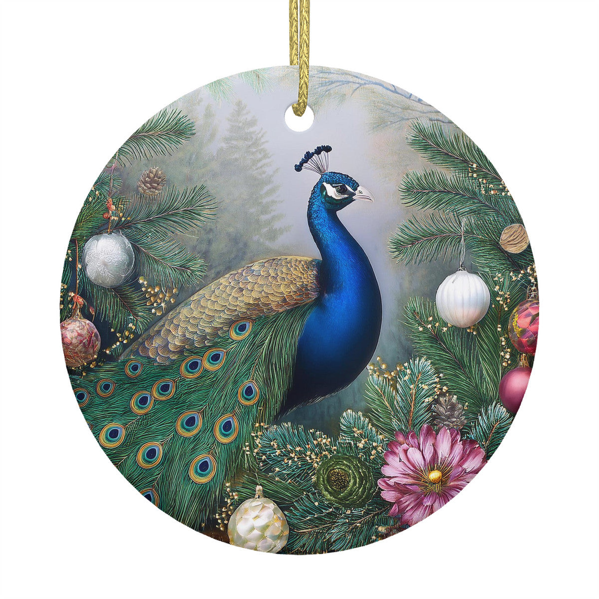 Winter Peacock 1 Ceramic Christmas Round Ornament