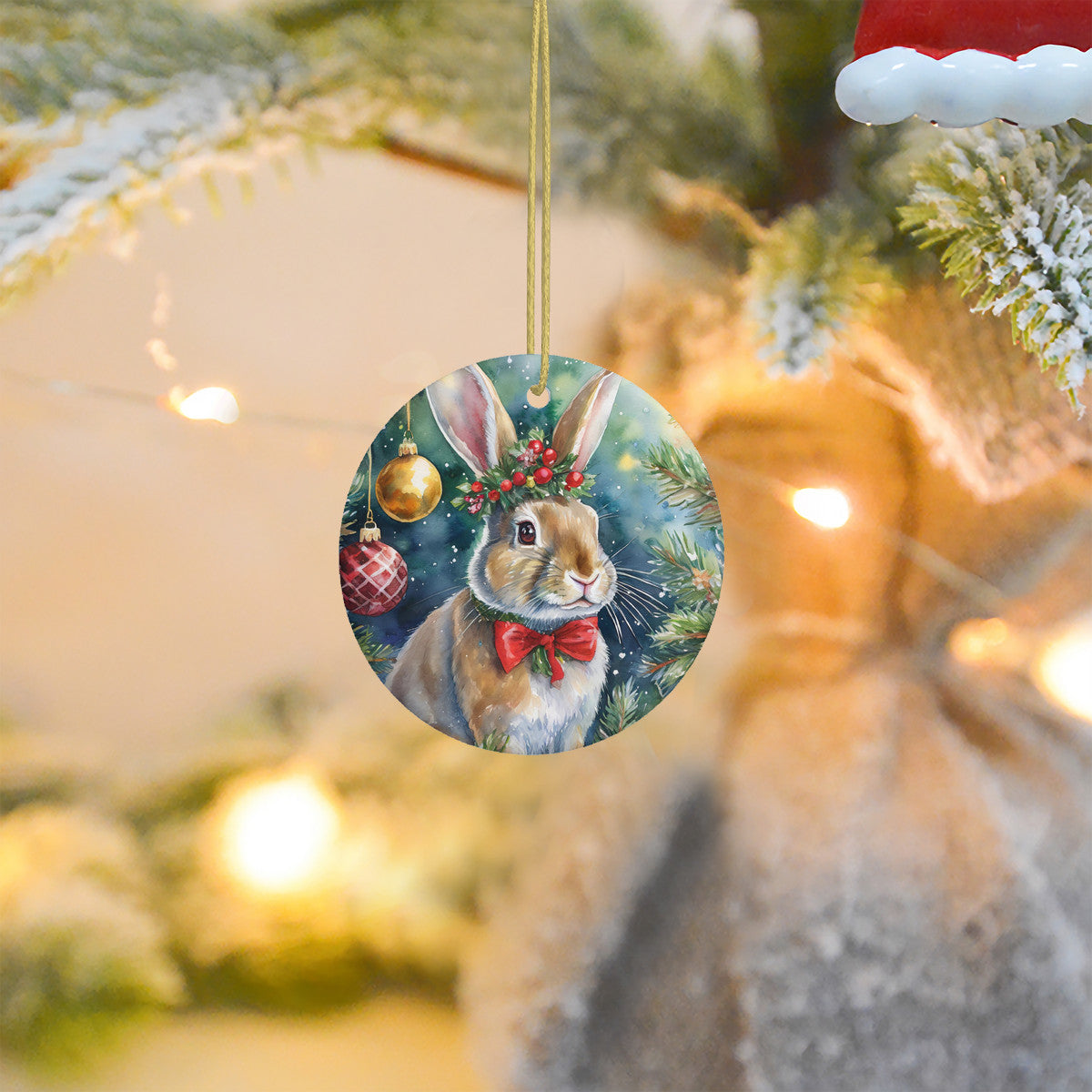 Bunny Rabbit Ceramic Christmas Round Ornament