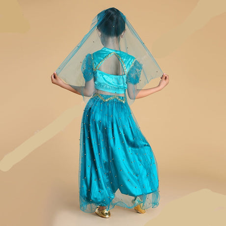 Belly Dance Princess Jasmine Costume Women Girls Bollywood Top Pants Veils Set