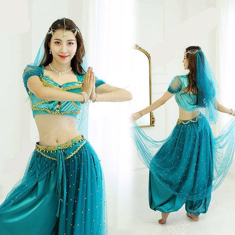 Belly Dance Princess Jasmine Costume Women Girls Bollywood Top Pants Veils Set